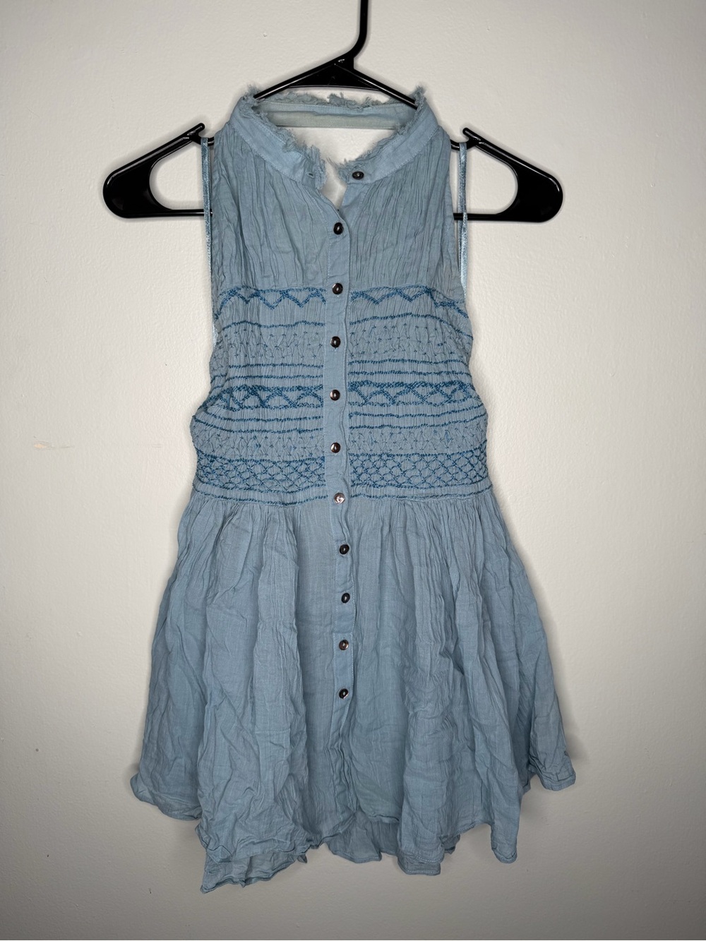 Free People Blue Halter Tank Top Size S Boho Smocked Open Back Festival Stretch